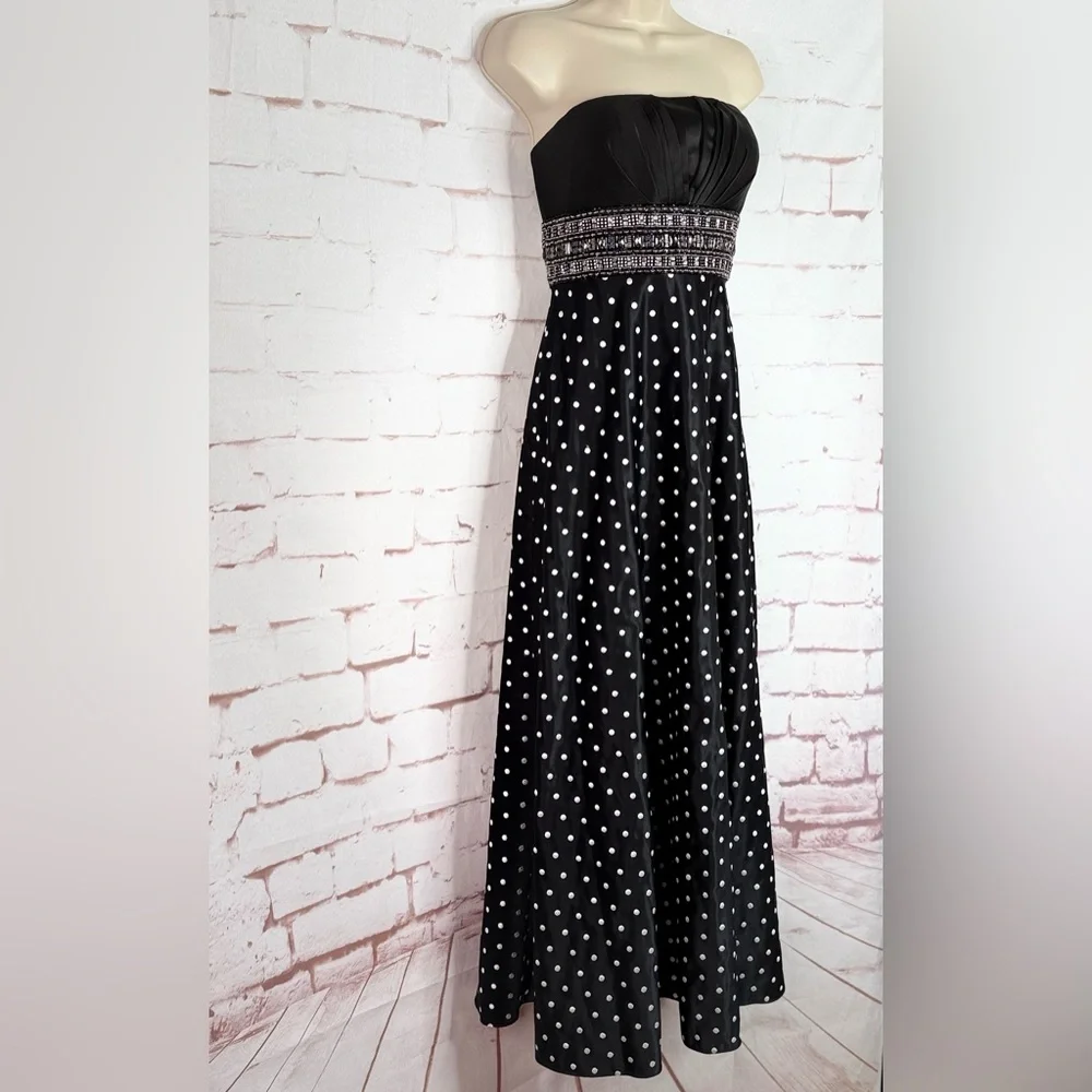 Jeweled Strapless Lace-Up Back Black and White Polka Dot Maxi Dress Size Small - Picture 6 of 16